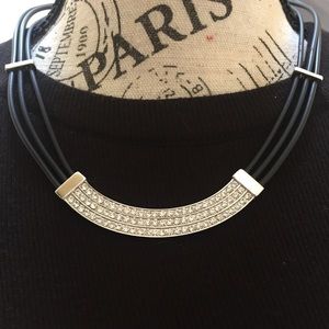 925 multi strand black leather curved bar CZ collar necklace
